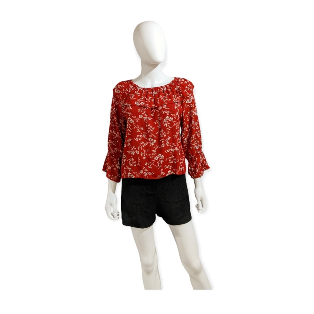 New Trend Off-Shoulder Long Sleeve Floral Top Dark Red